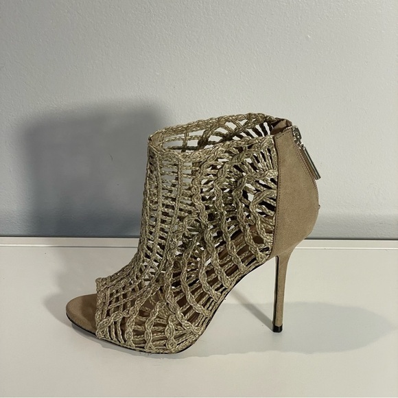 Zara Tan Braided Crochet Open Toe Stiletto Heel Zip Ankle Bootie Sz 39 US 8 - Picture 4 of 12